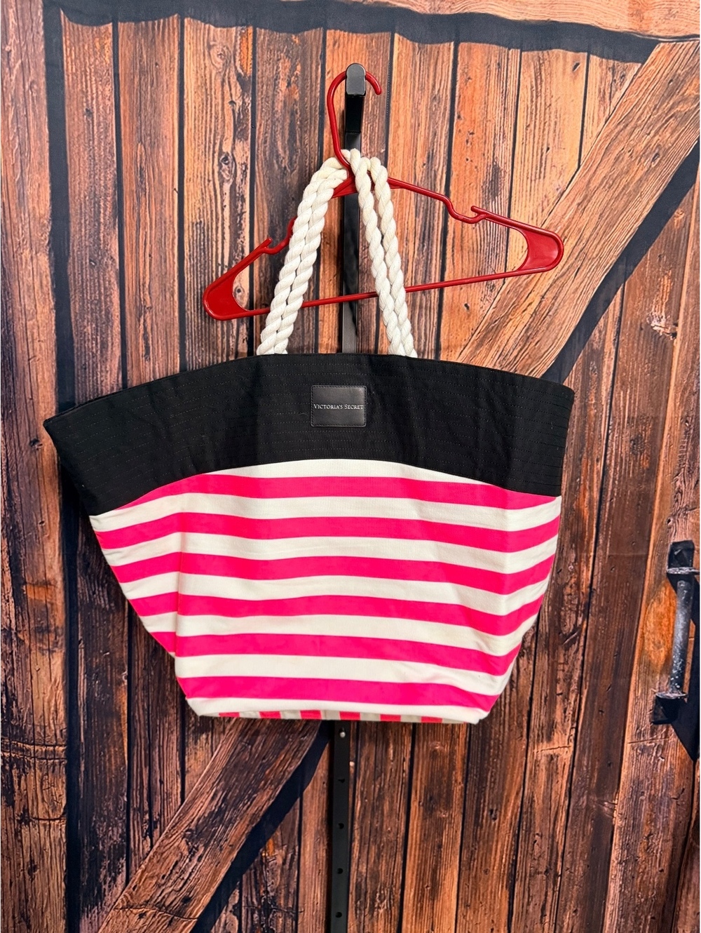 Victoria's Secret Pink and White Striped Tote Bag with Rope Handles